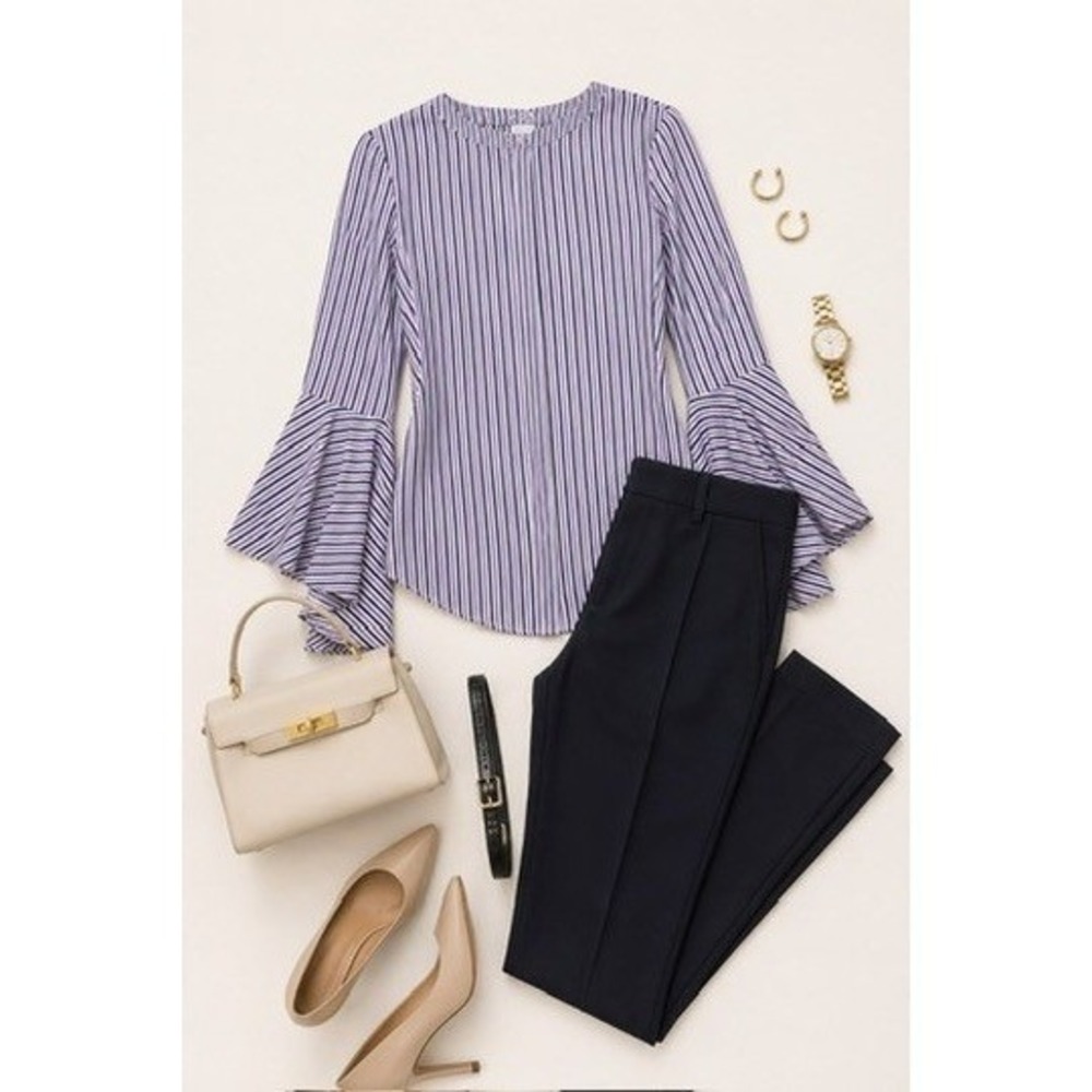 Milly Women's Purple Stripe Bell Sleeve 100% Cotton Blouse Size 4 Made in USA